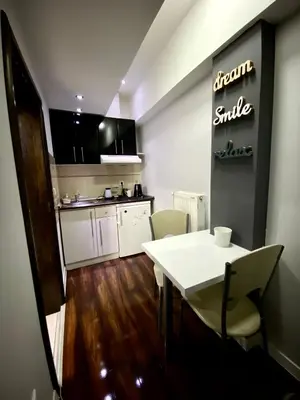 a kitchen with a white table and a white table and chairs at STUDIO Vladana in Kruševac