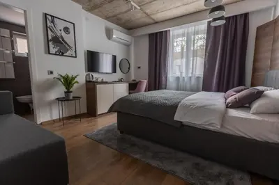 a bedroom with a large bed and a window at City Centar House in Niš