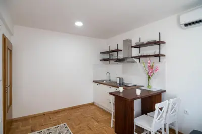 a kitchen with a table and chairs and a counter at Visnja Aparmtani in Vrnjačka Banja