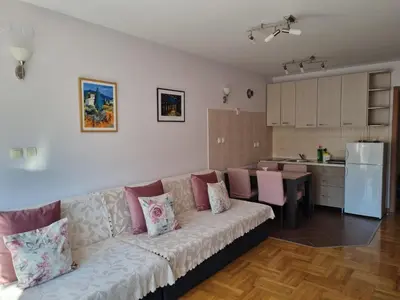 a living room with a couch and a kitchen at Studio apartman Zvezdana Noć in Vrnjačka Banja