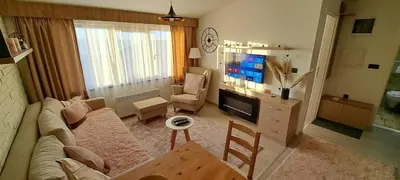 a living room with a couch and a tv at Apartman N101, Milmari, Kopaonik in Kopaonik