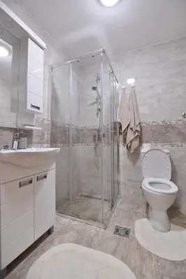 a bathroom with a shower and a toilet and a sink at Apartman LUMI in Vrnjačka Banja