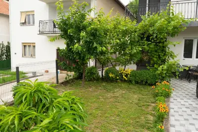 a garden in front of a building with a tree at Sobe Jovan in Soko Banja