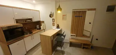 a small kitchen with a counter and a table in it at HUSKY Milmari in Kopaonik