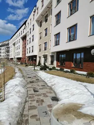 a snow covered sidewalk in front of a building at HUSKY Milmari in Kopaonik