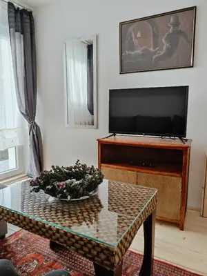 a living room with a table and a flat screen tv at Vila Gala in Kopaonik