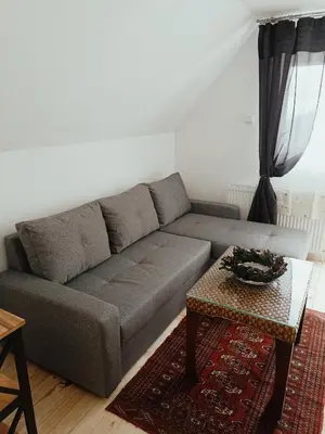 a living room with a gray couch and a table at Vila Gala in Kopaonik