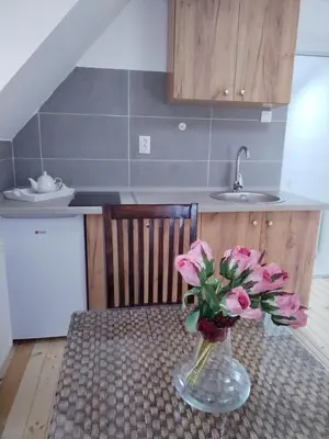 a vase with pink flowers on a table in a kitchen at Vila Gala in Kopaonik