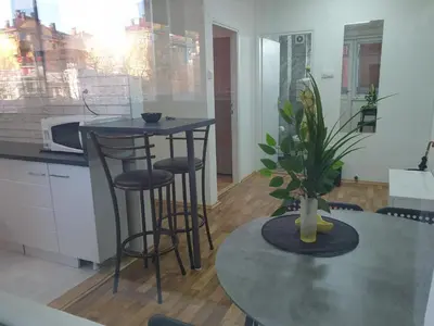 a kitchen with two bar stools and a table with a plant at Despot Apartmani Niš in Niš