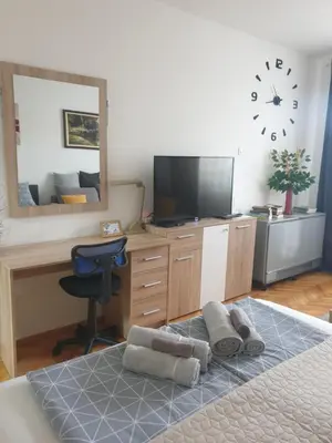 a bedroom with a television and a desk with a chair at Despot Apartmani Niš in Niš
