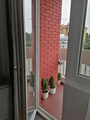 an open door with potted plants on a balcony at Despot Apartmani Niš in Niš