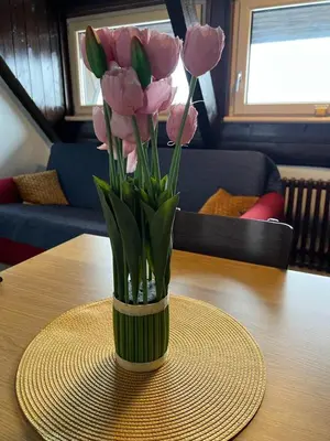 a vase of pink tulips sitting on a table at Vučko apartmani Konaci in Kopaonik
