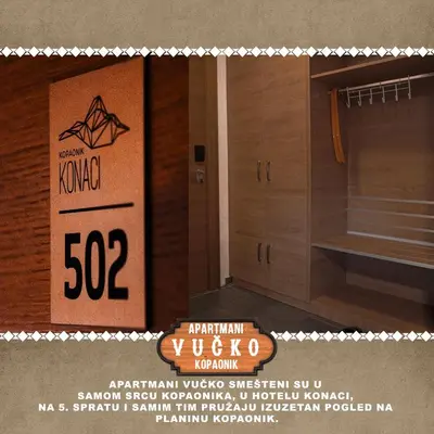 a poster of a bathroom with a sign and a closet at Vučko apartmani Konaci in Kopaonik