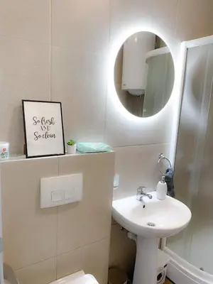a bathroom with a sink and a mirror and a toilet at Apartment Atria II in Vrnjačka Banja