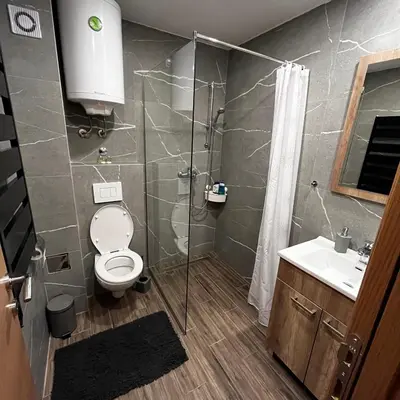 a bathroom with a shower and a toilet and a sink at President Kop - Silver Ice Apartment in Kopaonik