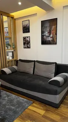 a large black couch in a living room at President Kop - Silver Ice Apartment in Kopaonik