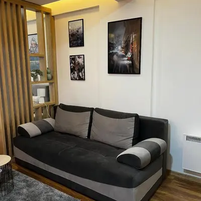a living room with a black couch in a room at President Kop - Silver Ice Apartment in Kopaonik