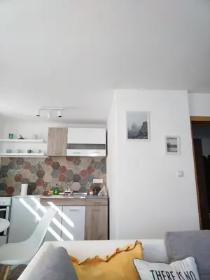 a living room with a couch and a kitchen at Apartman Milly in Kopaonik