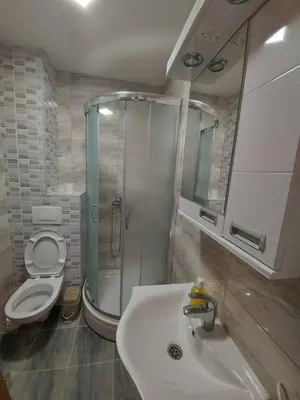 a bathroom with a sink and a shower and a toilet at Ekskluziv apartmani in Paraćin