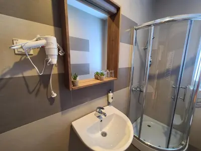 a bathroom with a sink and a shower at Bela Brada - Brzeće, Kopaonik in Brzeće