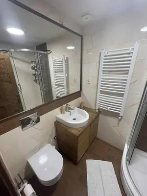 a bathroom with a sink and a toilet and a mirror at Vidik Kopaonik in Kopaonik
