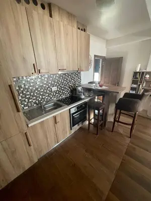 a kitchen with a sink and a stove top oven at Vidik Kopaonik in Kopaonik