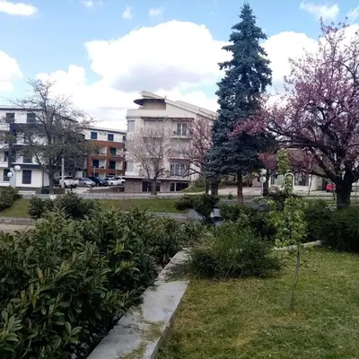 a park with a tree and a building at Apartman Nice in Vrnjačka Banja