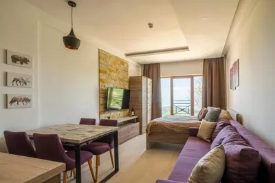 a living room with a couch and a bed and a table at Sunset View Ski & Spa apartments Kopaonik in Kopaonik