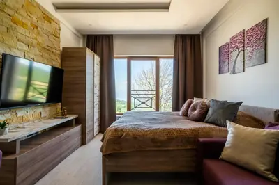 a bedroom with a large bed and a tv at Sunset View Ski & Spa apartments Kopaonik in Kopaonik