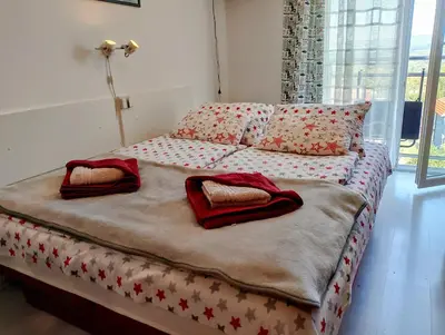 a bed with red pillows on it in a room at Studio La Casa in Soko Banja