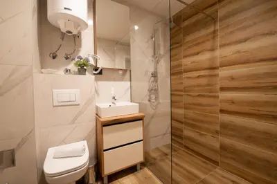 a bathroom with a shower and a toilet and a sink at Hotel Djina - Kopaonik in Kopaonik