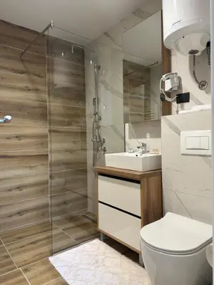 a bathroom with a shower and a toilet and a sink at Hotel Djina - Kopaonik in Kopaonik