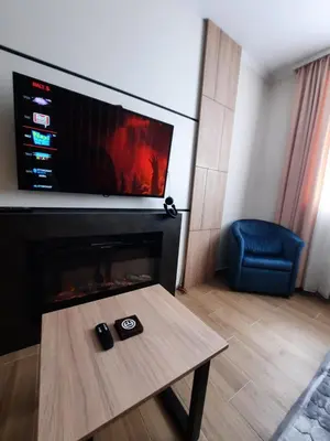 a living room with a fireplace and a table and a tv at Apartman Radmila in Kopaonik