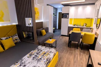 a room with a bed and a living room and a kitchen at Apartment Sun - President Kop A512 in Kopaonik