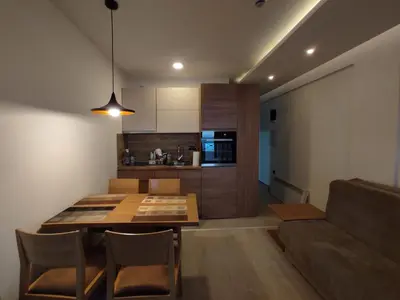 a kitchen and dining room with a table and a couch at Milmari N80, Kopaonik in Raška