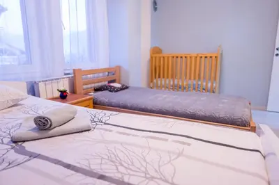two twin beds in a room with two windows at Apartmani Đorđević in Soko Banja