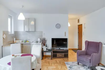 a kitchen and living room with a table and a chair at Apartment Joy by Central in Vrnjačka Banja