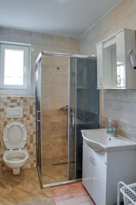 a bathroom with a shower and a toilet and a sink at Apartment Joy by Central in Vrnjačka Banja