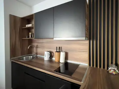 a kitchen with a sink and a wooden counter top at Hany Sweet in Niš