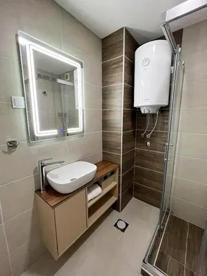 a bathroom with a sink and a mirror and a shower at Hany Sweet in Niš
