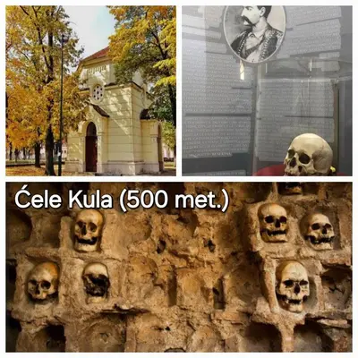 a collage of photos with skulls and a building at Medijana Apartments Niš in Niš