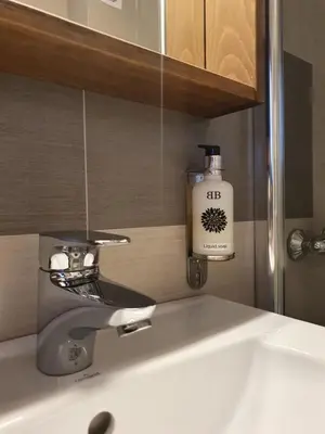 a sink with a faucet and a soap bottle at PLANINSKO JUTRO - Brzeće Centar Apartments, Kopaonik in Brzeće