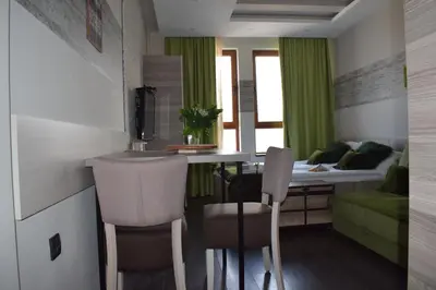 a kitchen and living room with a table and chairs at NATURA LUX MILMARI k 12 in Kopaonik