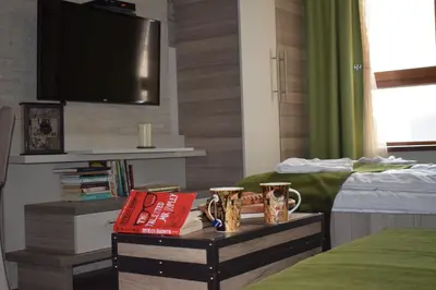 a hotel room with a bed and a table with a tv at NATURA LUX MILMARI k 12 in Kopaonik