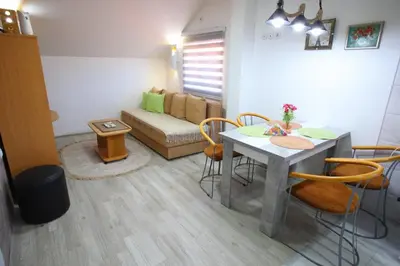 a living room with a table and chairs and a couch at Apartmani Đorđević in Soko Banja