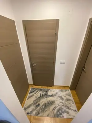 a hallway with a door and a rug on the floor at Maya apartman sa dve spavace sobe in Vrnjačka Banja