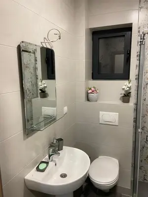 a bathroom with a sink and a toilet and a mirror at Maya apartman sa dve spavace sobe in Vrnjačka Banja
