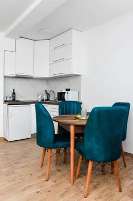 a kitchen with a wooden table and chairs at Vuković Lux in Vrnjačka Banja