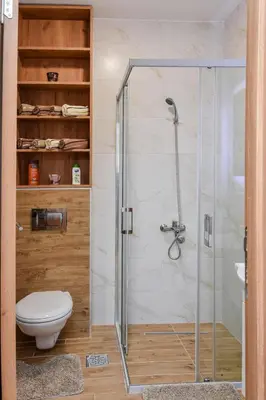 a glass shower stall in a bathroom with a toilet at Vuković Lux in Vrnjačka Banja