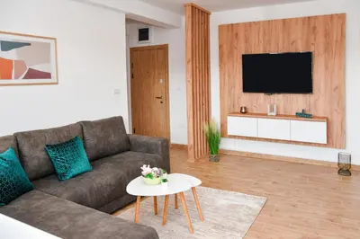 a living room with a couch and a tv at Vuković Lux in Vrnjačka Banja